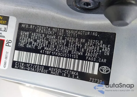 2012 Toyota Camry Le from USA, damaged, VIN 4T1BF1FK9CU511155